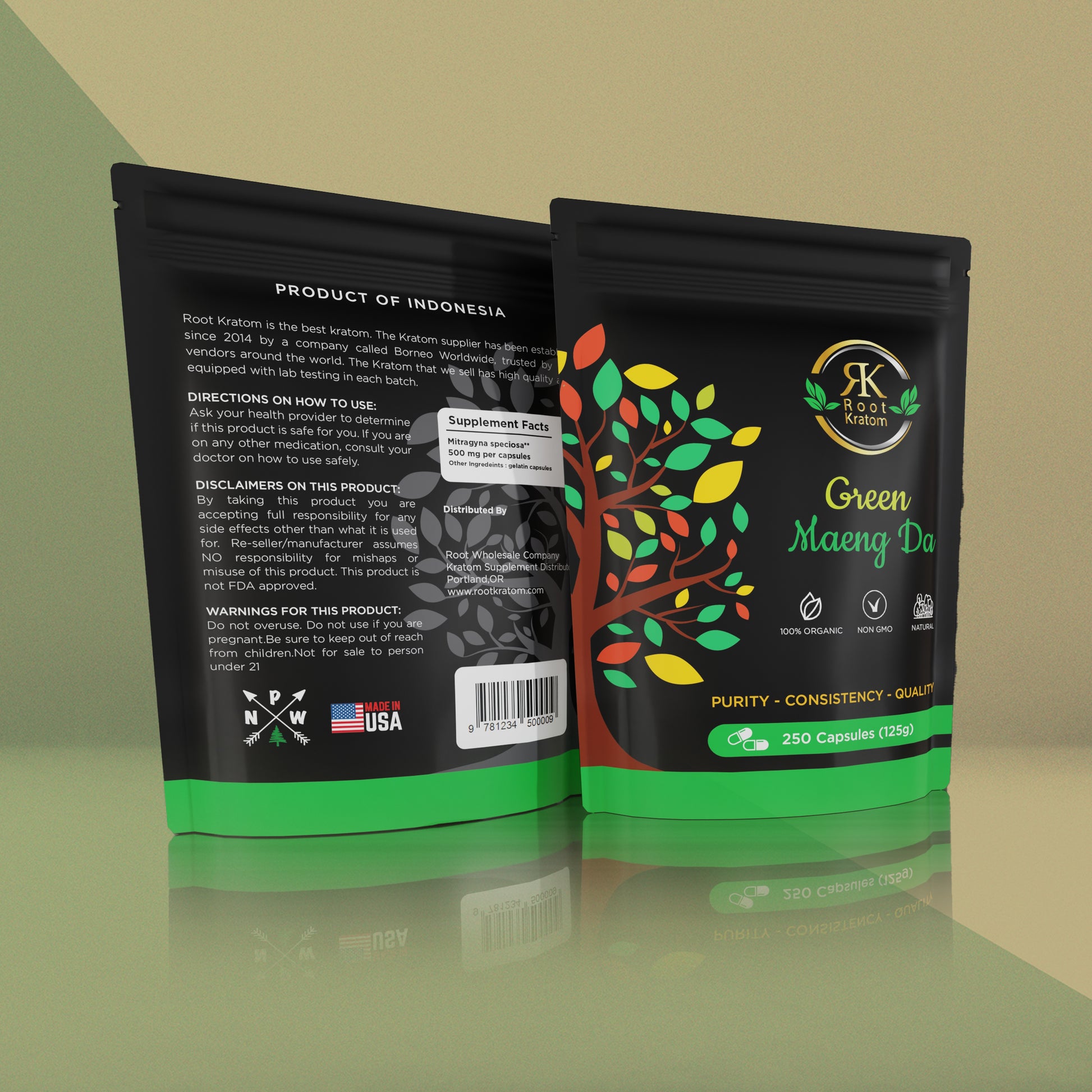 Green Maeng Da Kratom 250 Capsules (125g).