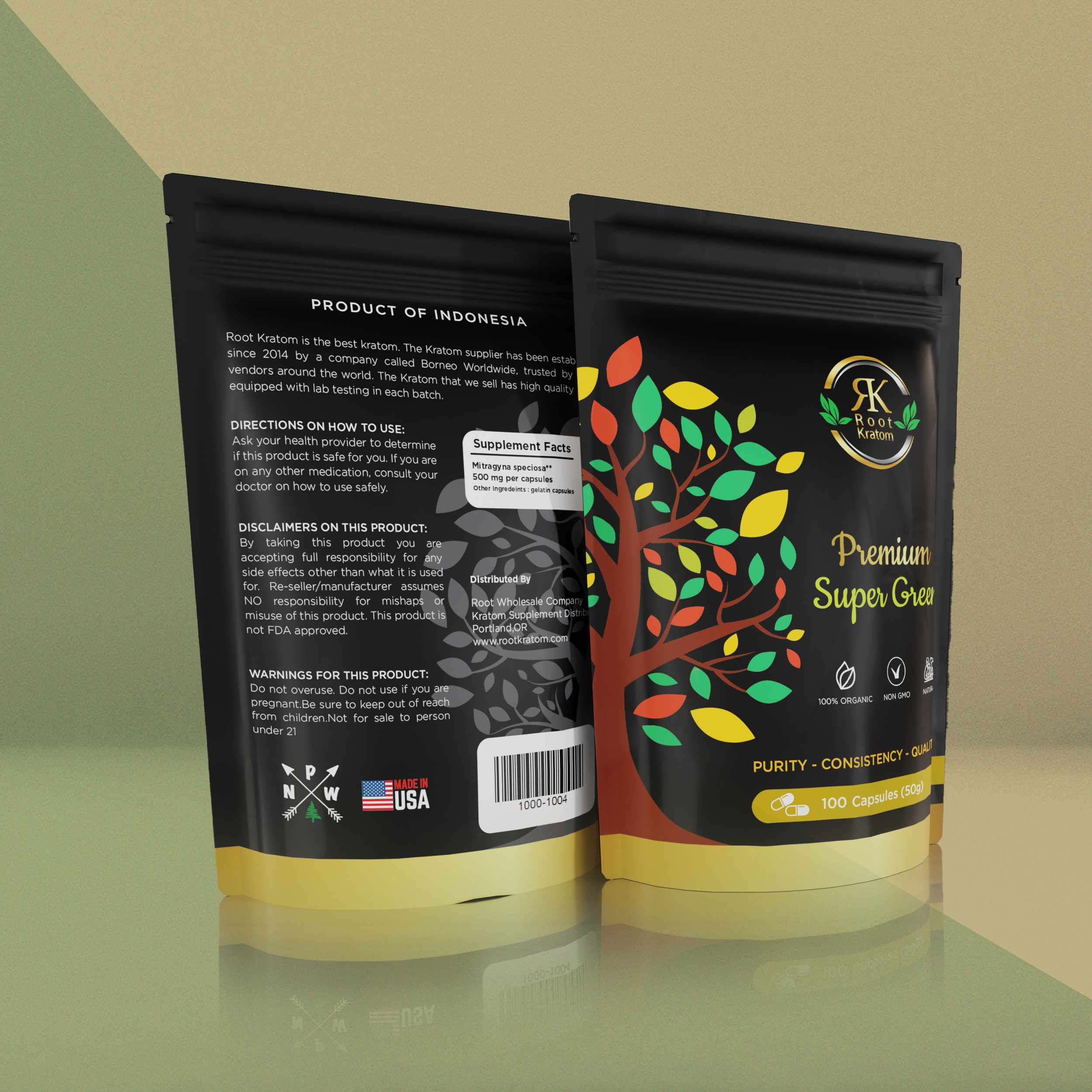 Root Kratom Premium Super Green Capsules – 100 Count | Lab-Tested Botanical Supplement for Energy & Focus