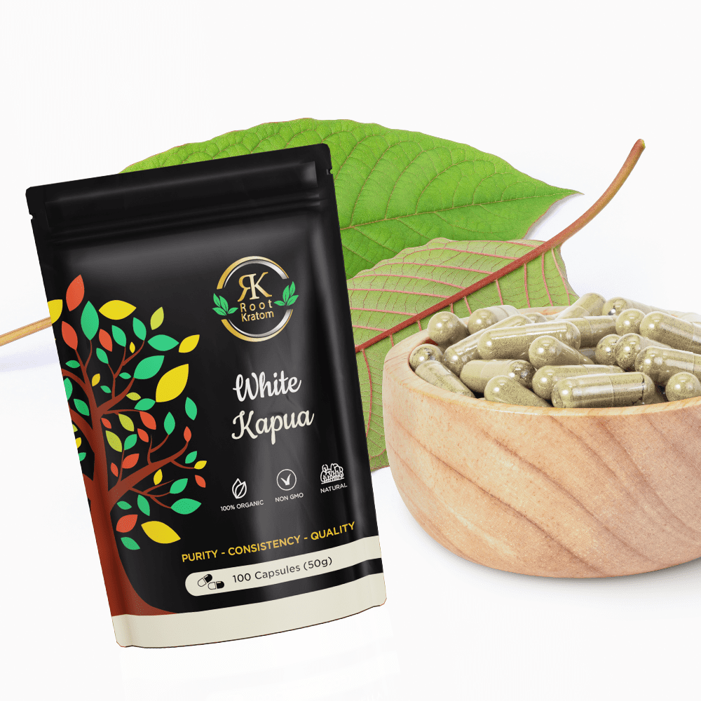 Root Kratom White Kapua capsules 100 count bottle for energy focus and mental clarity
