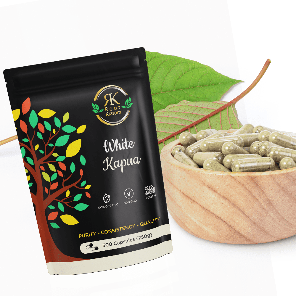 Root Kratom White Kapua kratom capsules, 500 count premium botanical capsules, lab-tested with fast USA shipping.