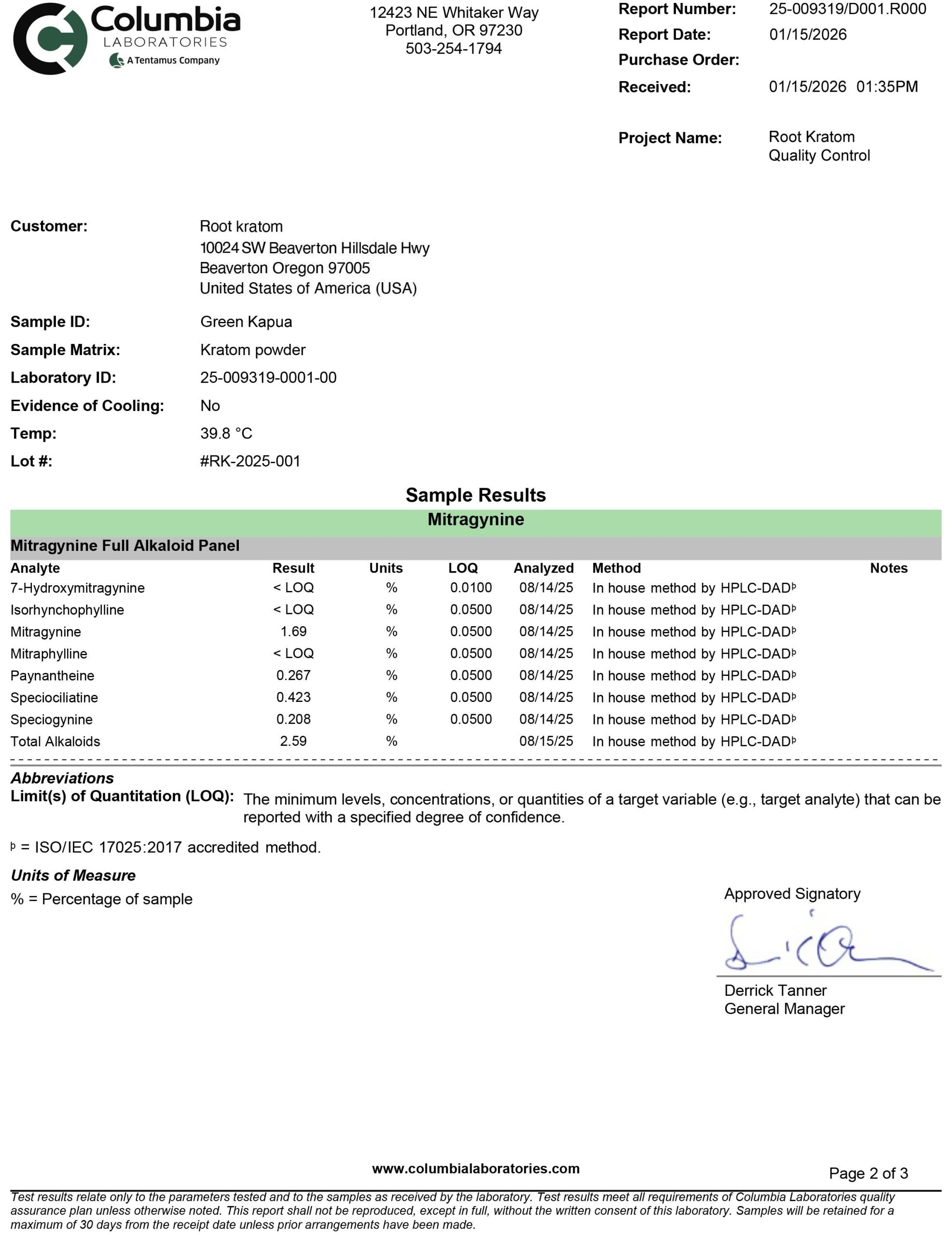 Root Kratom Green Kapua Certificate of Analysis